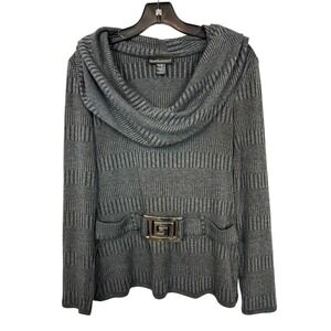 Frank Lyman Design Grey Ribbed Cowl Neck Sweater Greek‎ Key Buckle Size 8